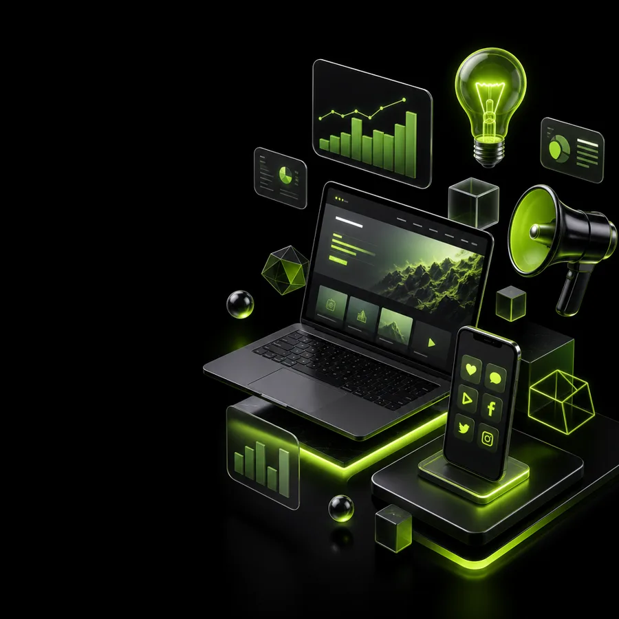 FlyUp Studio creative team workspace with website design, branding and analytics dashboards